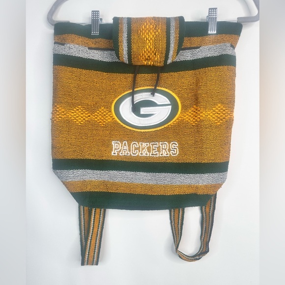 Green Bay Packers Football Woven Knit Drawstring Backpack Tote Bag Boho Hippie - Picture 1 of 10